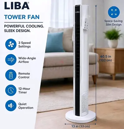 Liba Tower Fan - Slim 40.5in with Remote, 3 Speeds  12-Hour Timer