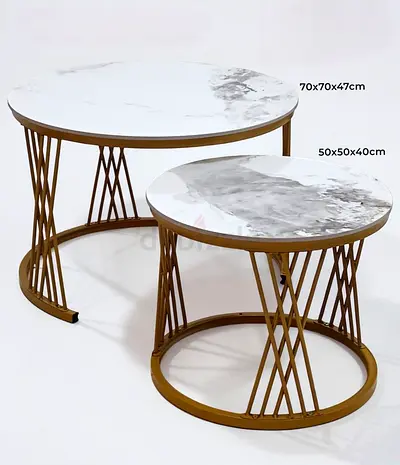 Set of 2 Round Marble-Top Nesting Coffee Tables with Gold Metal Base
