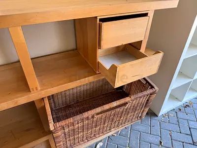 Solid Wood Console Book Shelves with Drawers and Wicker Basket