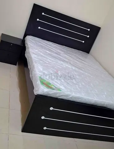 Brand New Queen Bed Frame with Mattress and Nightstand - Dark Wood