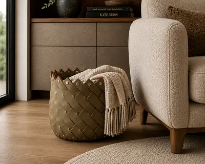 Modern Woven Faux Leather Storage Basket with Stud Details