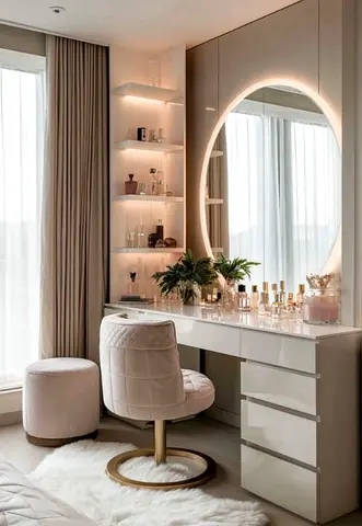 Modern Dressing Table with Backlit Mirror and Shelving