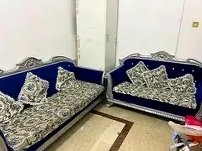 Classic Blue Velvet Sofa Set with Ornate Silver Detailing