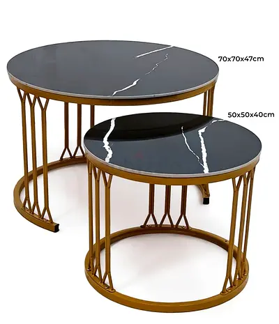 Set of 2 Round Nesting Coffee Tables with Black Marble Top and Gold Frame