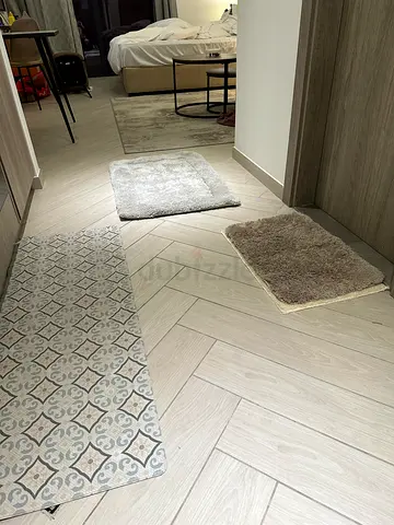 Set of 3 small rugs/runners — neutral patterned and plush mats