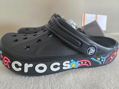 Black Crocs Classic Clog with Colorful Floral Side Design - Brand New