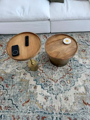 Pair of Wooden Side Tables with Brass Base/Coffee table tall  H 58 x W 38 
Coffee table short H 34 x