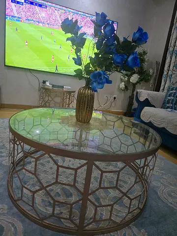 Three Round Glass Top Coffee Table with Geometric Metal Base