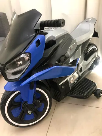 Kids Electric Ride-On Motorcycle with Training Wheels - Blue/Grey
