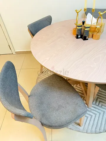 Homecenter Round Wooden Dining Table with 4 Grey Upholstered Chairs