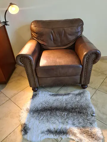 Classic Brown Leather Armchair and Faux Fur Rug Set wear and tear in the back corner