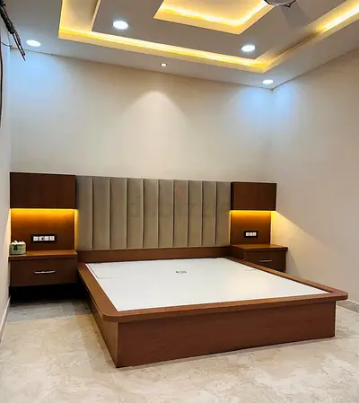 king size bed with upholstered headboard and attached bedside cabinets and with mattress wit storge