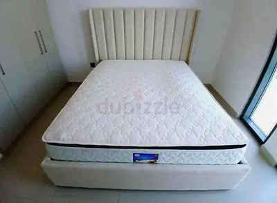 Queen bed frame with mattress - light beige, good condition