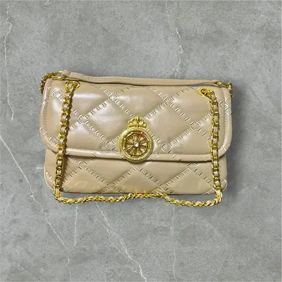 Beige Quilted Shoulder Bag with Gold Chain