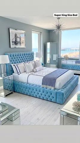 Light Blue Tufted Super King Bed with Upholstered Frame