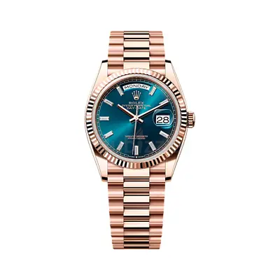 Rolex Day-Date style mens watch - rose gold tone, blue dial