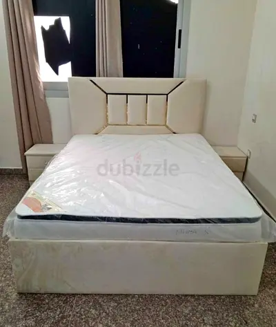 Modern Upholstered Bed Set with Mattress and Side Tables