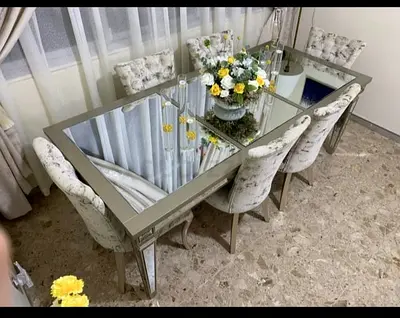 Glass Top Dining Table with 6 Upholstered Chairs - Elegant Mirrored Frame