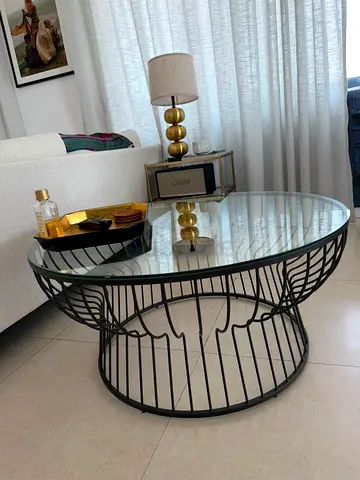 West Elm Round Glass Top Coffee Table with Metal Wire Base
