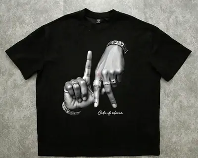 Black Graphic Crewneck T-shirt with Hand Sign Print - Unisex