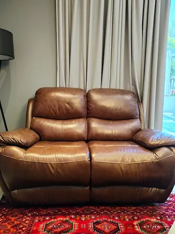 Set of Brown Leather 2-Seater Recliner Sofa and 1 Recliner Chair - Good Condition
