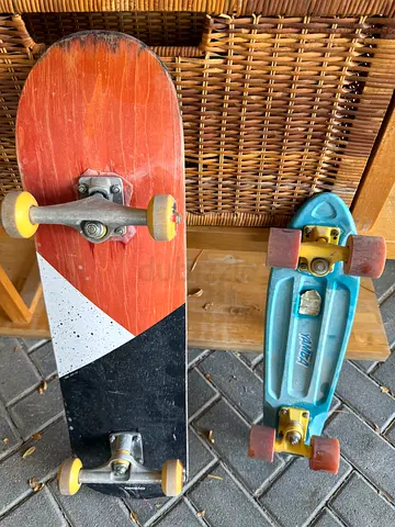 Two used skateboards — regular deck and vintage mini cruiser