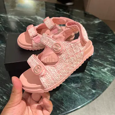 Chanel Pink Tweed Baby Sandals with Velcro Straps