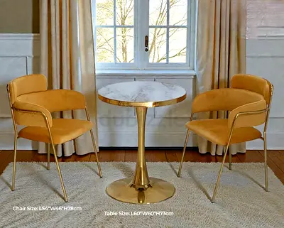 Gold Marble Bistro Table with Two Velvet Dining Chairs - Set