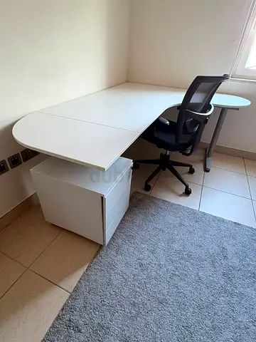 Modern White Corner Desk Setup Desk + Drawer Cabinet + Office Chair