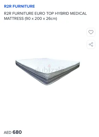 R2R Euro Top Hybrid Medical Mattress - 90 x 200 x 26 cm (Like New)