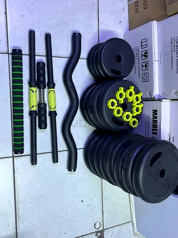 Home gym weight plates and bar set — adjustable dumbbell/bench plates with curl bar