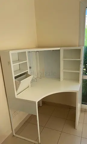 White corner study desk with shelves and mirror - good condition