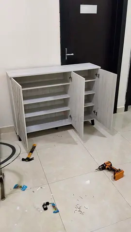 White Wash 3-Door Shoe Cabinet with Shelves