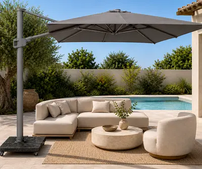 Rattan House Large Cantilever Patio Umbrella with Base - Dark Grey