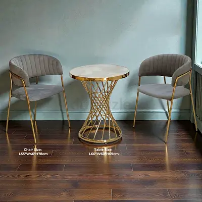 Modern Gold Frame Bistro Set — Round Marble-Top Table with 2 Velvet Chairs
