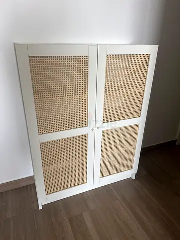 White Wooden shelving unit with Woven Cane Doors - Excellent Condition