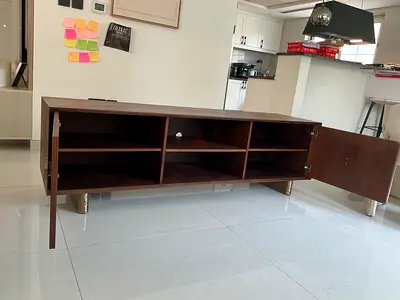 Low wooden TV cabinet / media console with storage - dark brown