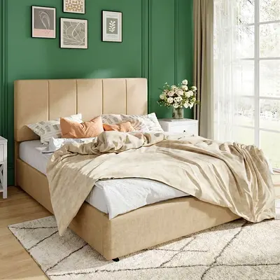 Warm beige velvet sleek lines king bed frame