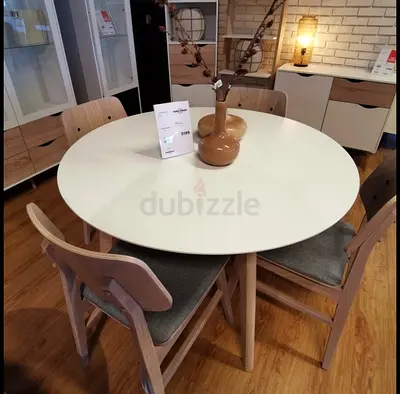 Homecenter Round Wooden Dining Table with 4 Grey Upholstered Chairs