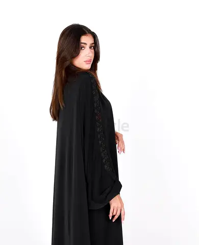 Black Long Abaya with Embroidered Side Panels - freeSize