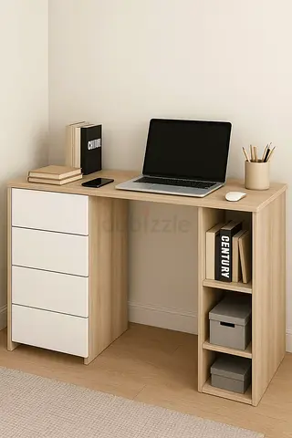 Compact Study Desk with Drawers and Shelves - Light Wood Finish