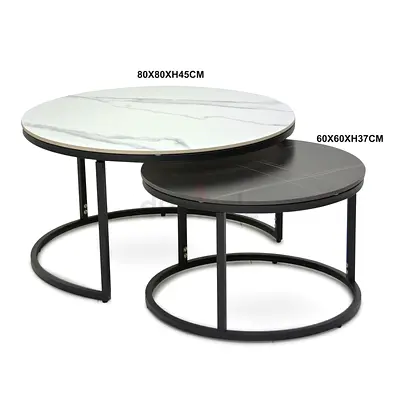 Set of 2 Round Nesting Coffee Tables with Marble-effect Tops