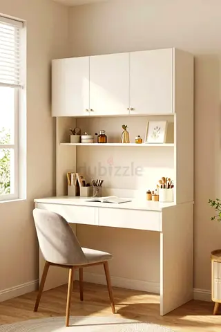 White Wall-Mounted Desk with Overhead Cabinets — Compact Study Unit