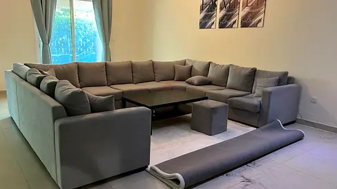 Large L-shaped Grey Fabric Sectional Sofa - Comfortable Family Size