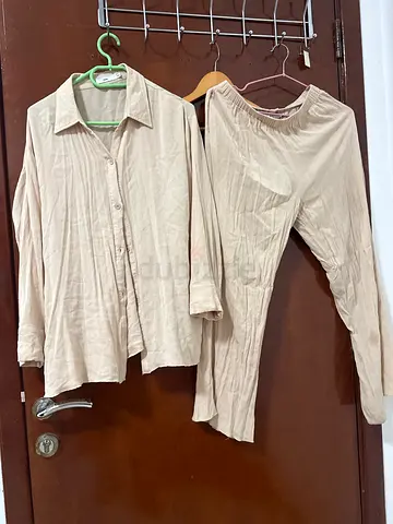 Casual Beige Two Piece Shirt and Trousers Set