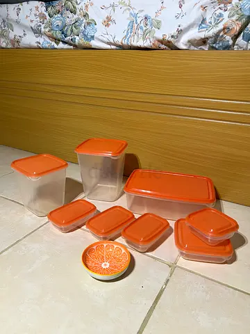Set of Plastic Food Storage Containers with Orange Lids