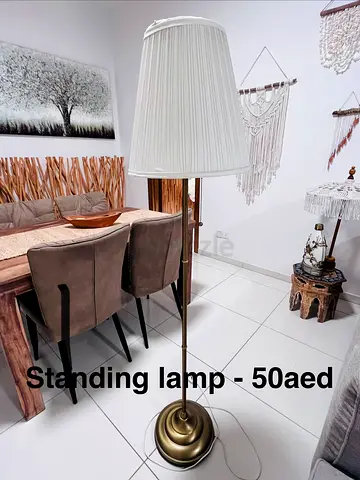 Brass Standing Floor Lamp with Pleated White Shade - AED 50