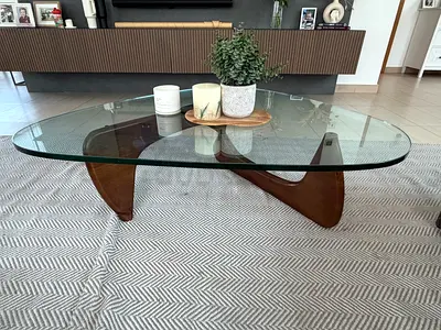 Noguchi Glass Top Coffee Table with Sculptural Wooden Base