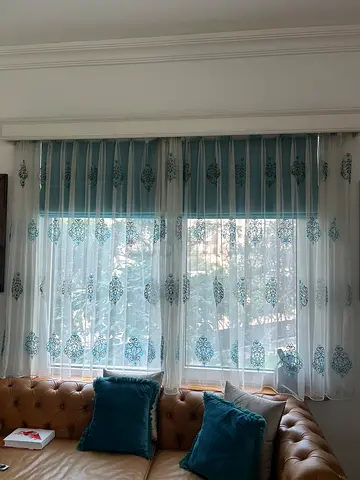 Curtains, Roman curtain, railing and box