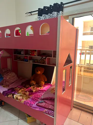 Pink Kids Loft Bed with Storage Shelves